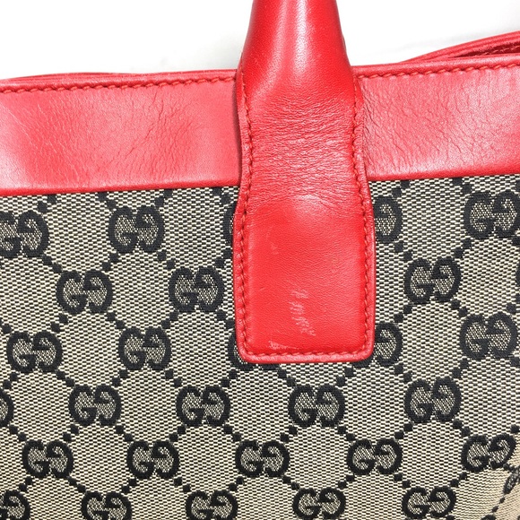 Authentic Gucci red leather monogram canvas tote bag - Picture 7 of 15